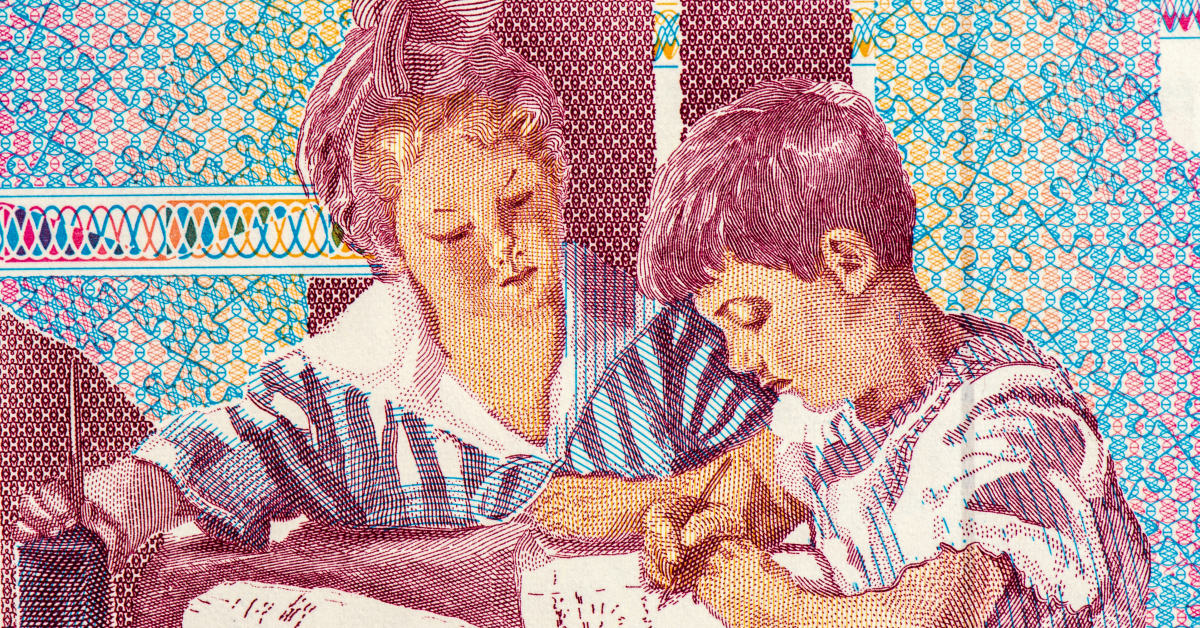 Ilustración antigua con dos niños que estudian