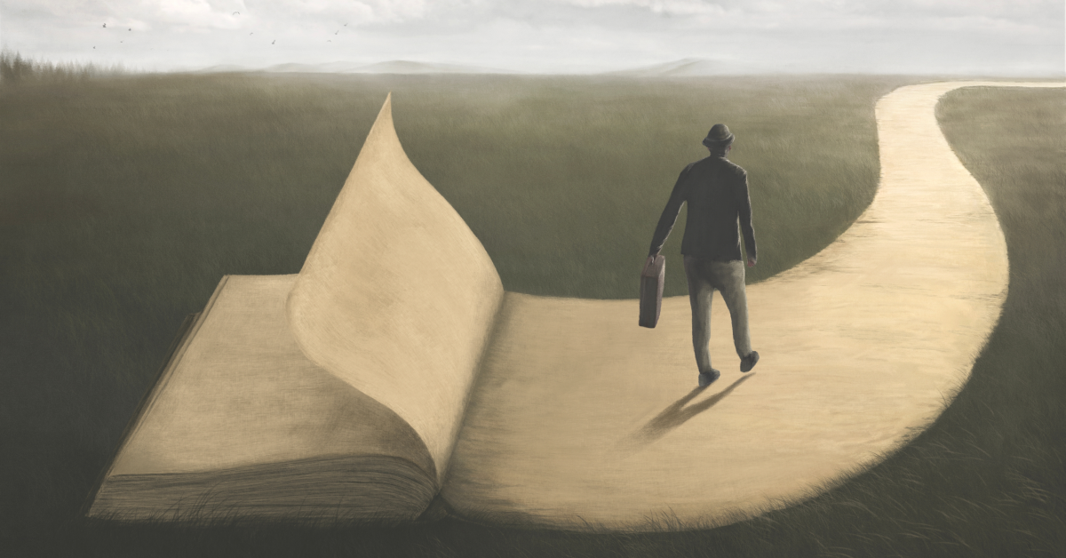 Hombre emerge de libro filosófico y anda por camino