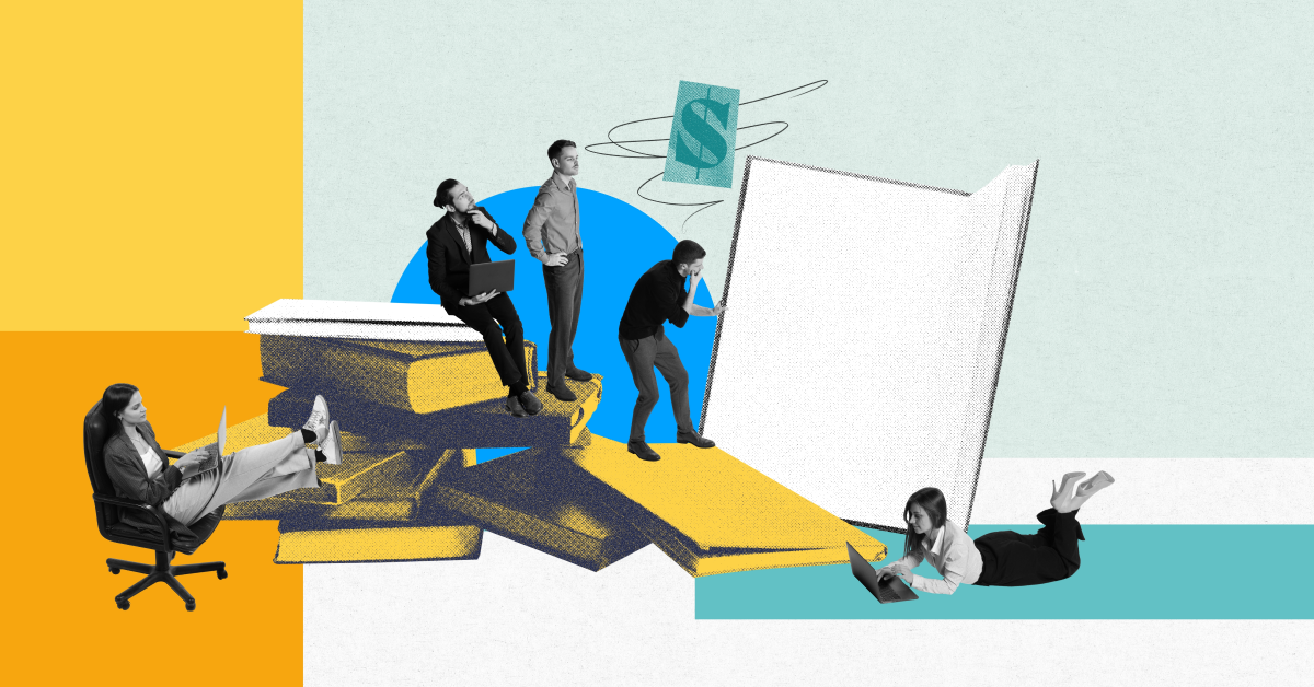 Ilustración de diseño de personas con libros coloridos