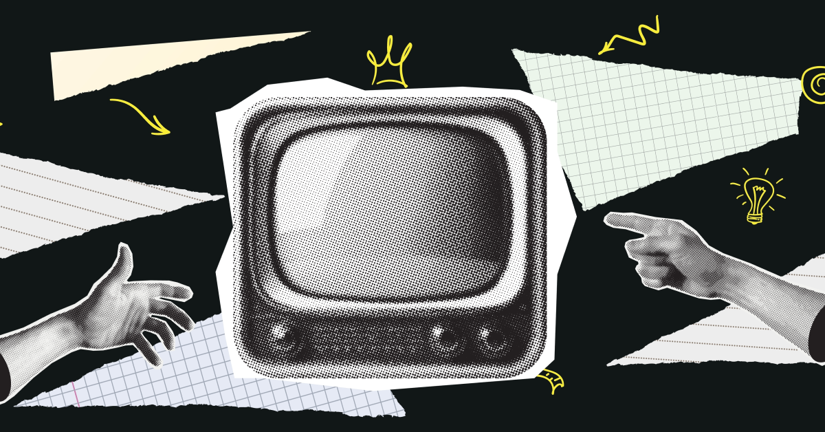 Collage con televisión antigua y dos brazos apuntándole