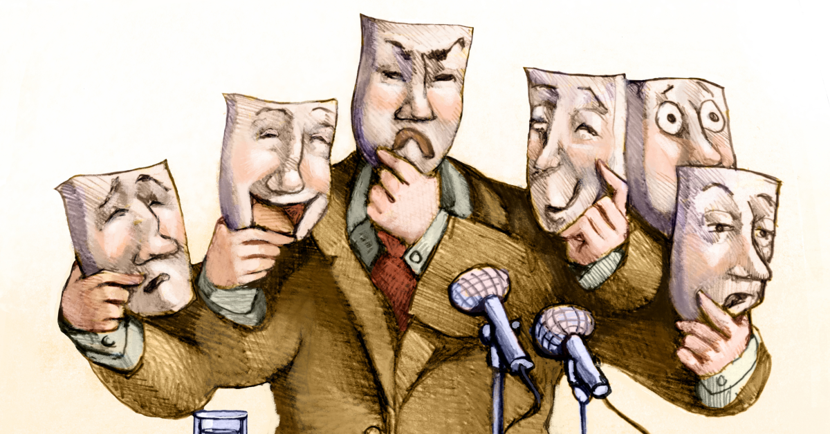 Caricatura política de gobernante que usa diferentes máscaras