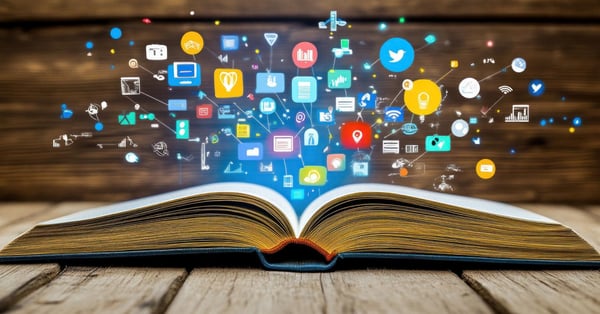 Libro con íconos virtuales representa curaduría digital