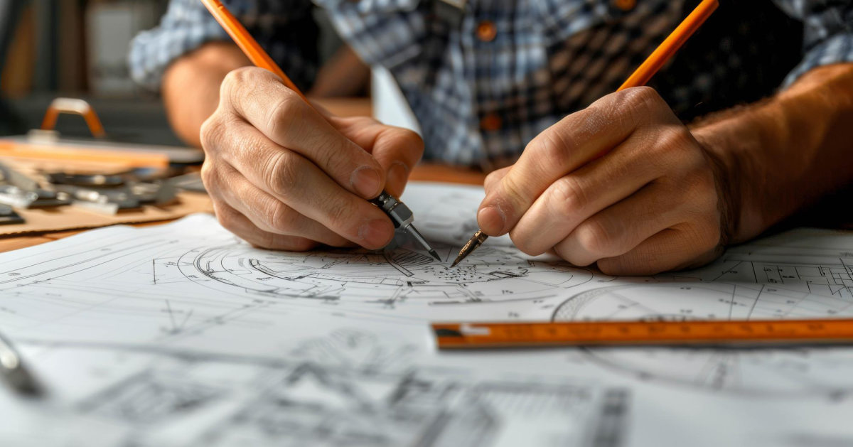 Ingeniero estructural trabajando con plano de edificación