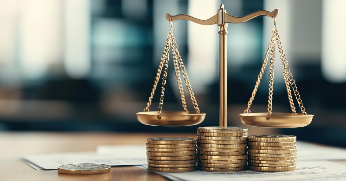 Balanza con monedas representa derecho financiero