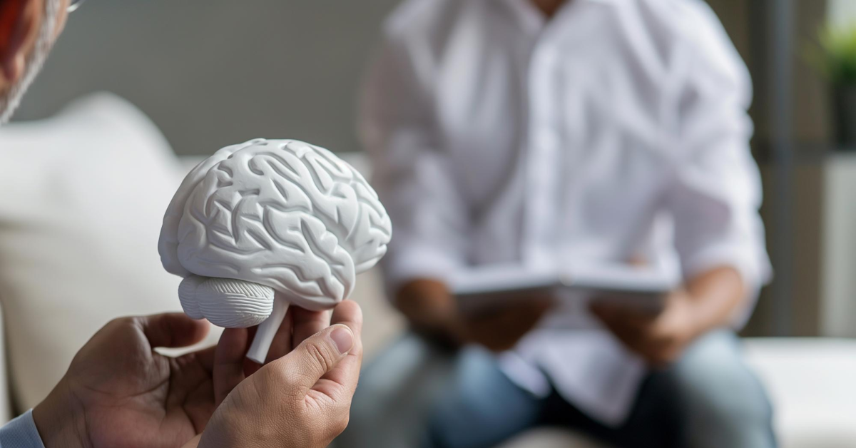Neuropsicólogo sostiene molde de cerebro frente a paciente