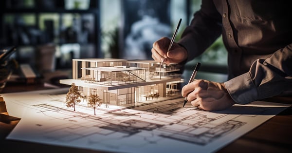 Diseñador arquitectónico elaborando proyecto avanzado con maqueta