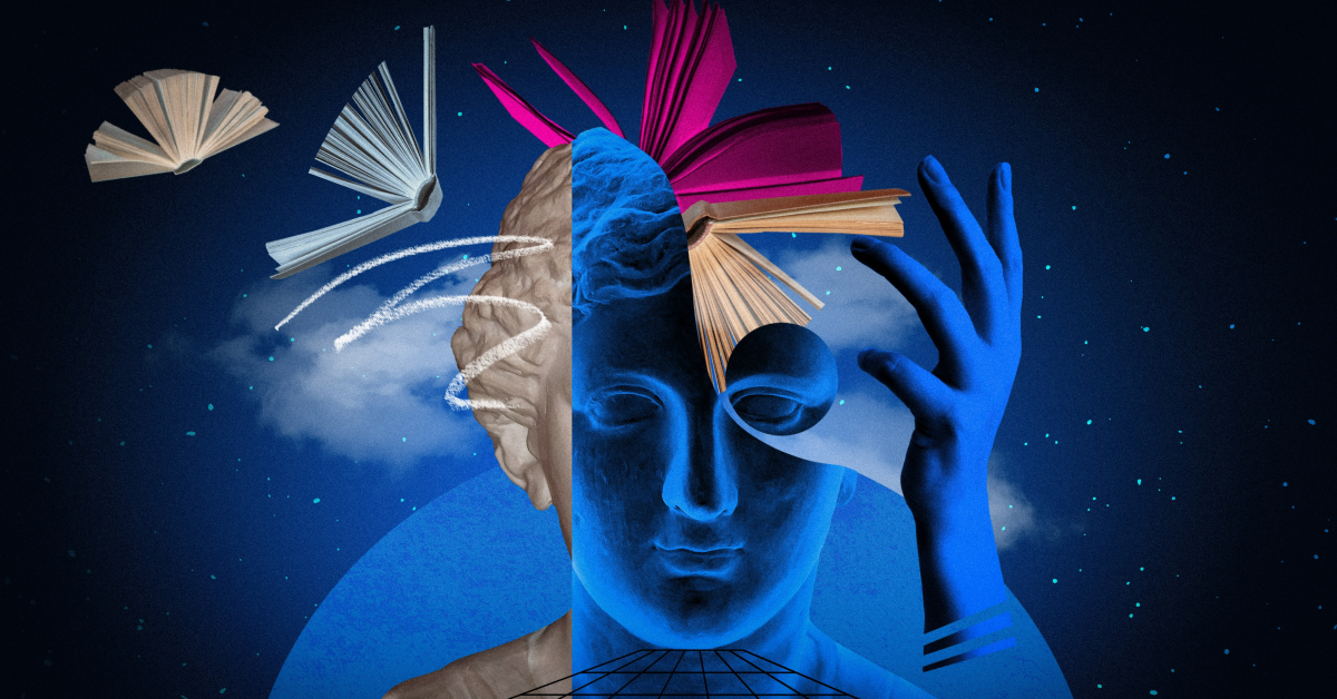 Busto griego bicolor con libros de filosofía coloridos