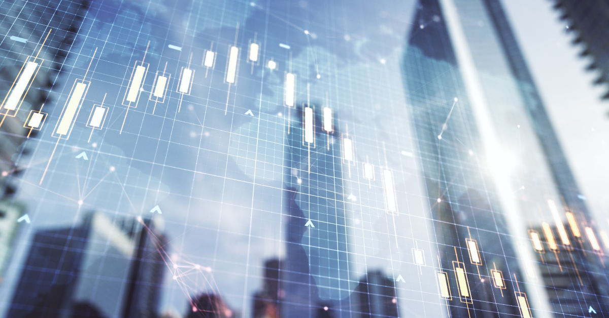 Métricas de mercados financieras delante de rascacielos 