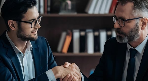 Abogado administrativo habla con cliente en despacho