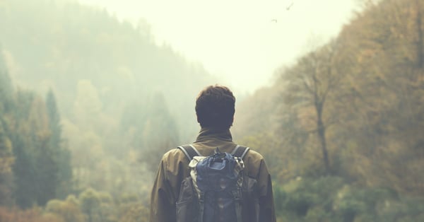 Hombre que camina en bosque mira al horizonte