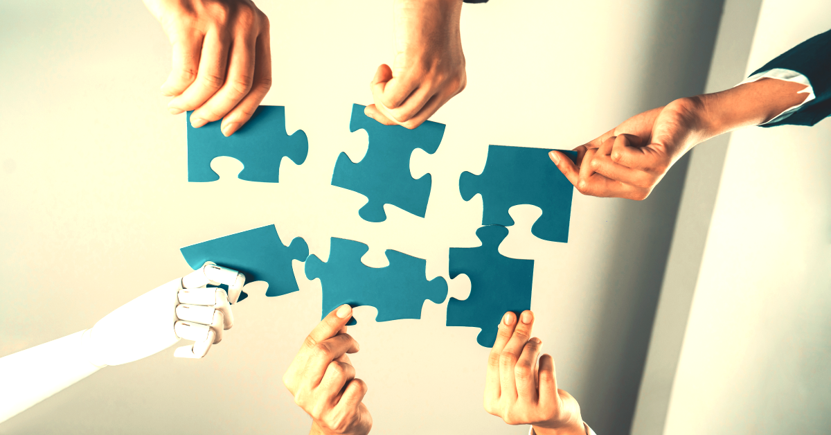 AI and human hands hold puzzle pieces