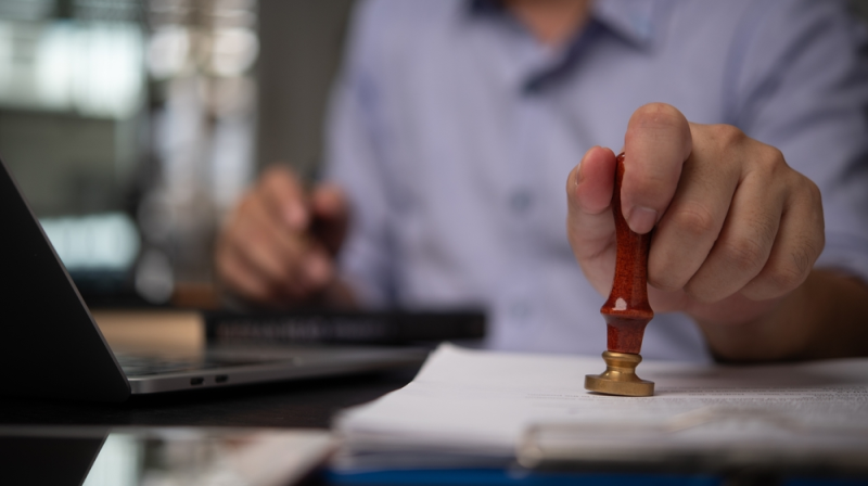 Administrador público sellando documento oficial