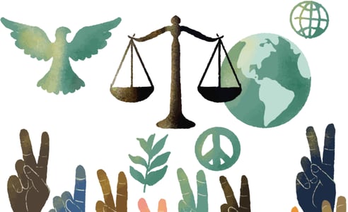 Ilustración con paloma de paz y símbolos de derechos humanos