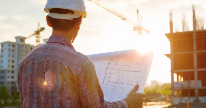 Administrador de la construcción analiza plano de estructura