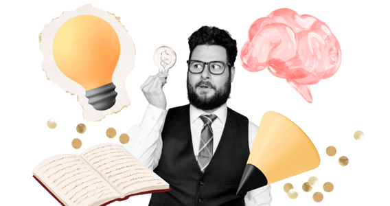 Consultor filosófico con imágenes de bombilla y libro