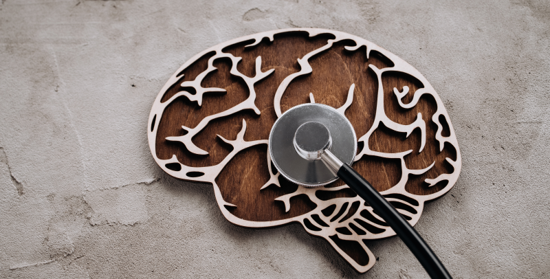 Cerebro tallado en madera con estetoscopio encima