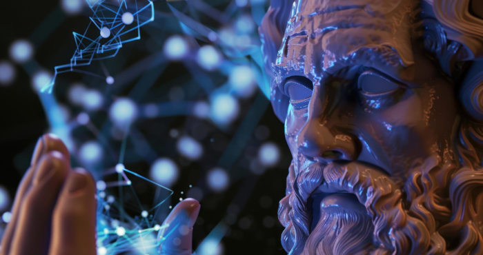 Escultura de filósofo contemplando red neuronal