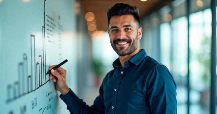 Director de marketing estratégico bosquejando plan en pizarrón