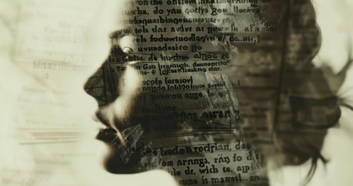 Imagen de mujer con signos lingüísticos