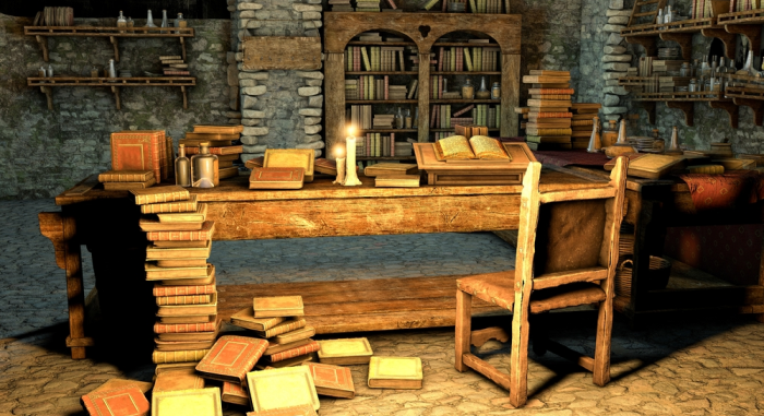 Habitación de estudio filosófico en recinto medieval