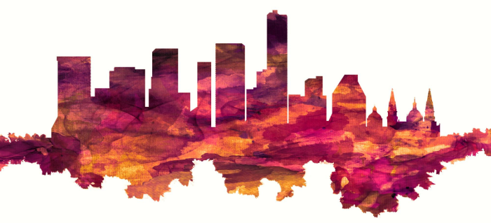 Panorama ilustrado de edificaciones en ciudad de Guadalajara