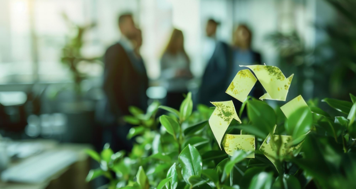 Símbolo universal de reciclaje frente a oficinas organizacionales