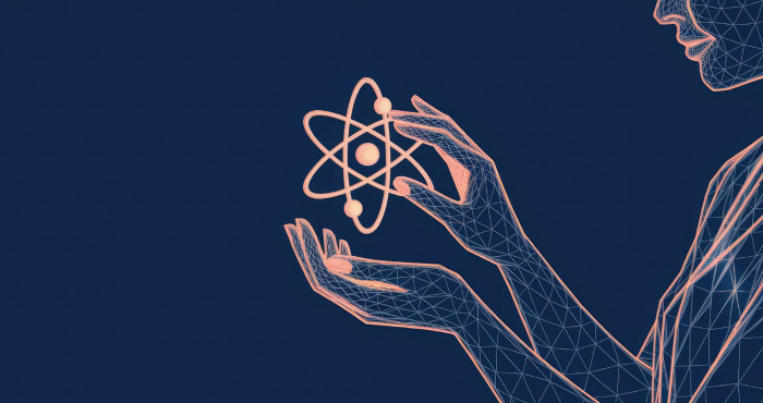 Dibujo de mujer sosteniendo modelo atómico