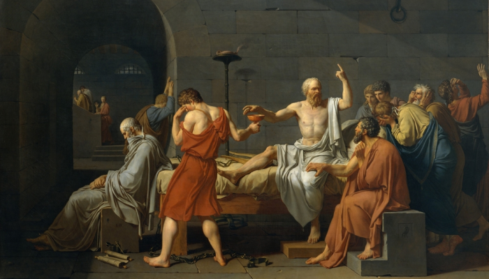 Pintura con Sócrates y discípulos antes de beber cicuta