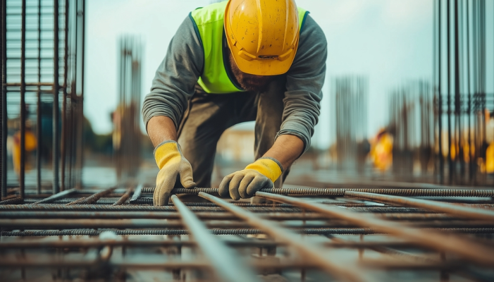 Trabajador de construcción colocando material en edificio